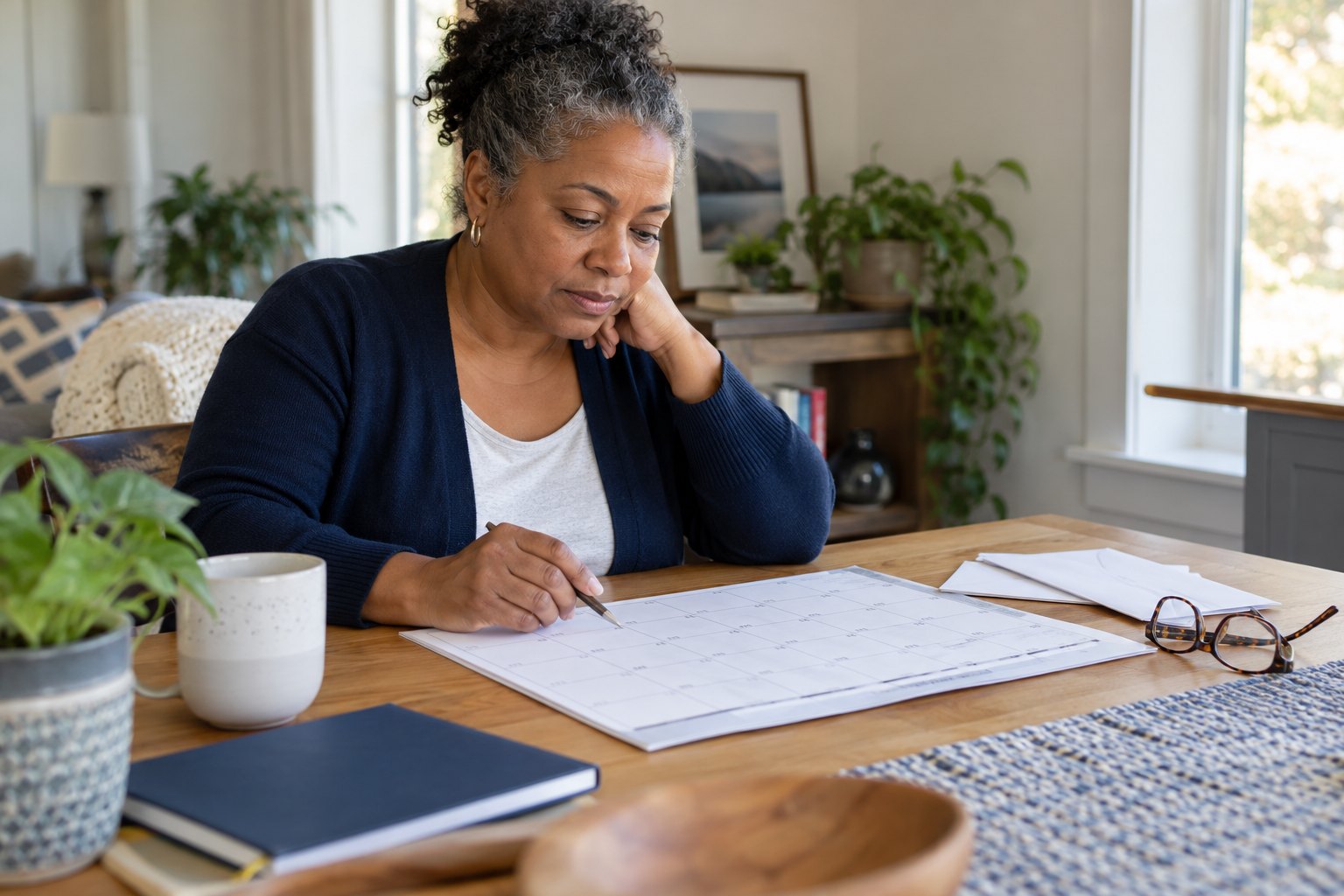 A woman reviewing a calendar at her home desk. Illustrative photograph.