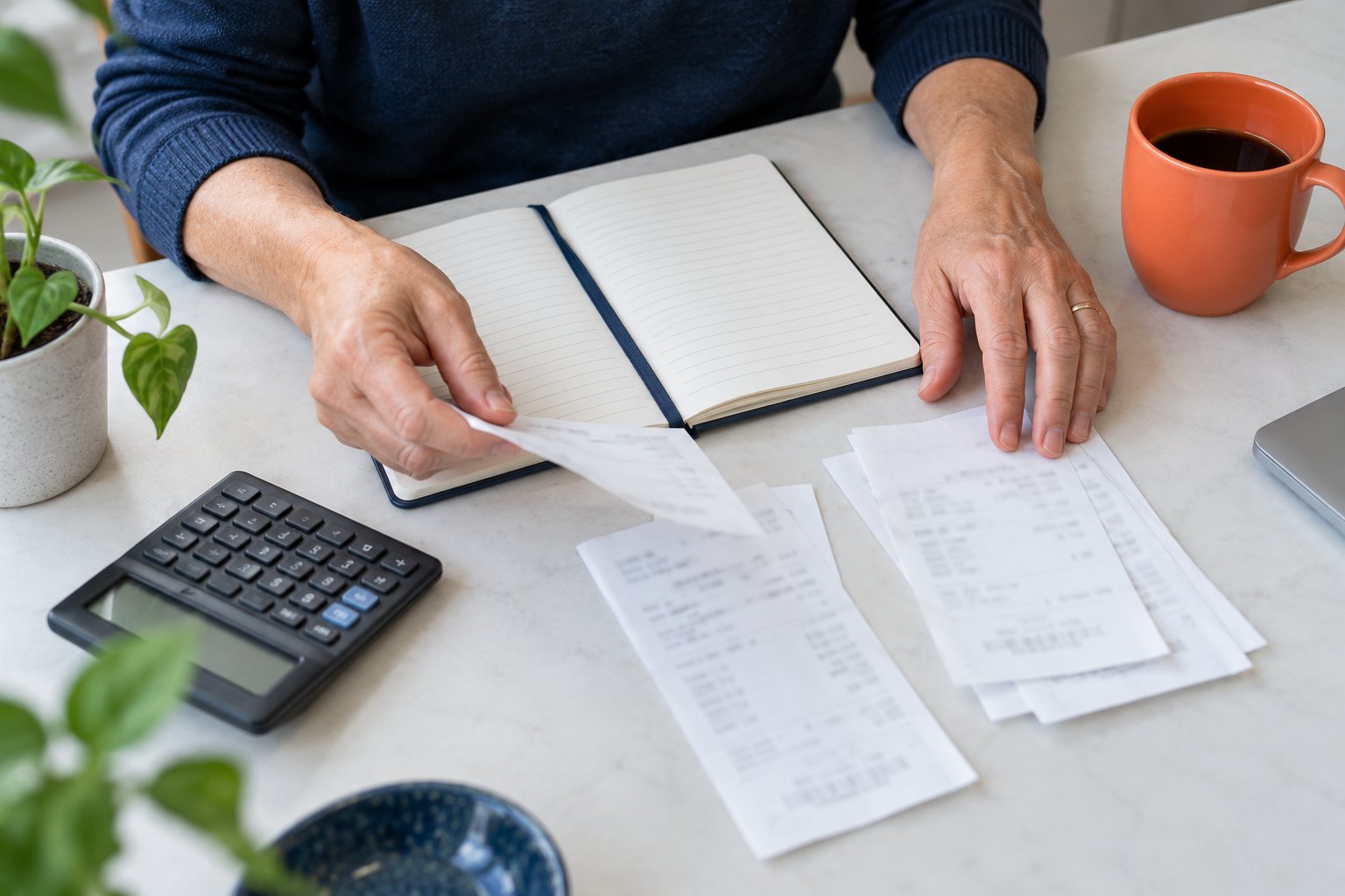 Notebook, calculator and receipts on a desk. Illustrative photograph.