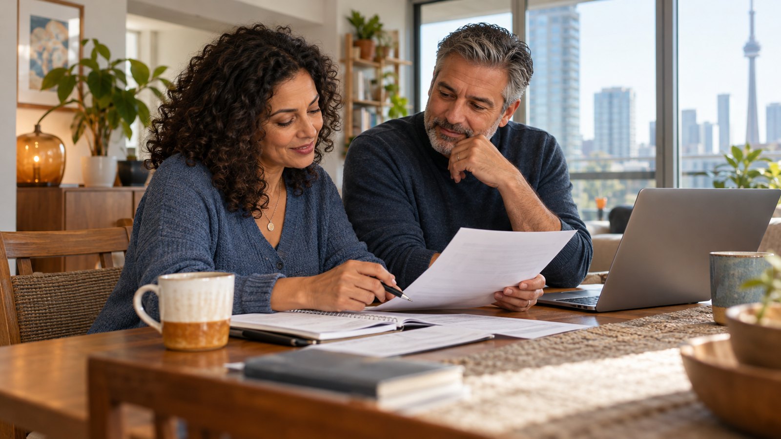 Two adults reviewing household notes at home. Illustrative photograph.